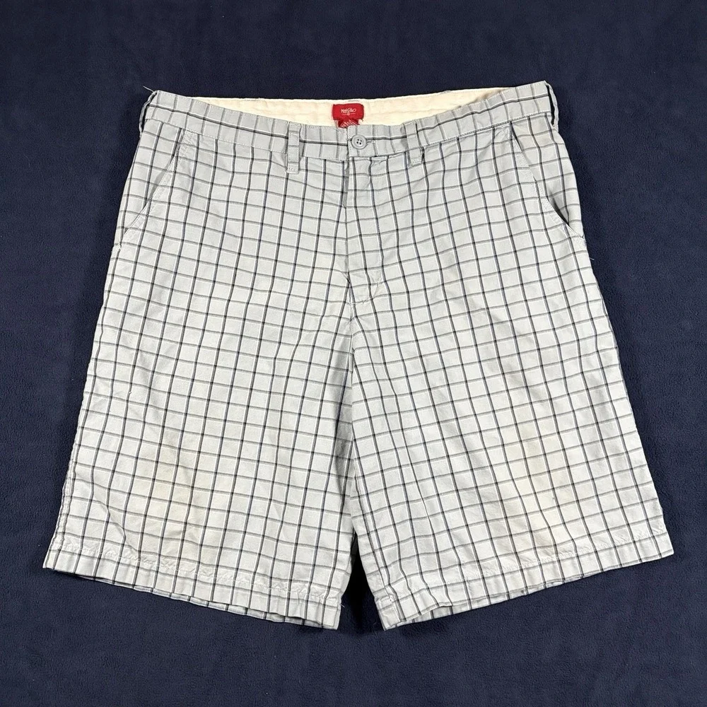 VTG Y2K Mossimo Plaid Men Shorts 38 Gray Blue Lion Crest Flat Front Chino Baggy